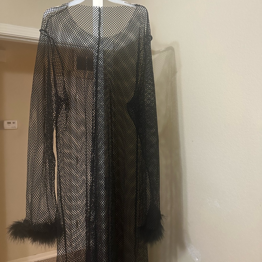 Elegant Black Mesh Robe with Feather Trim